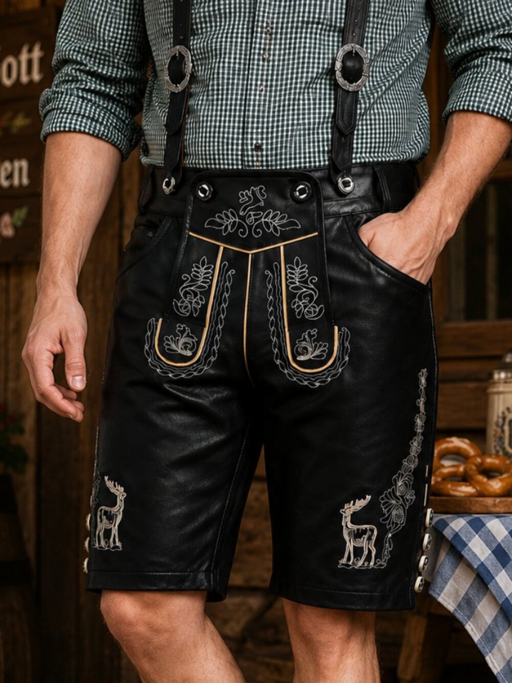 Mens Lederhosen Black Bavarian Lederhosen Shorts Mens Oktoberfest Costumes NWT